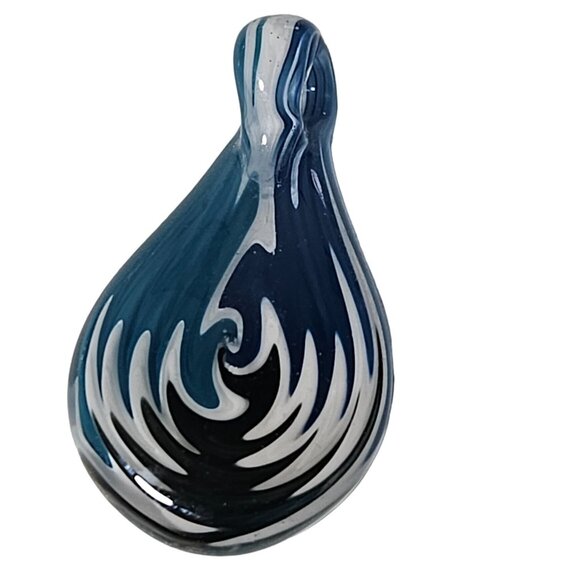 Handcrafted Blue White Swirl Teardrop Glass Pendant Art Deco Statement Jewelry - Picture 2 of 4
